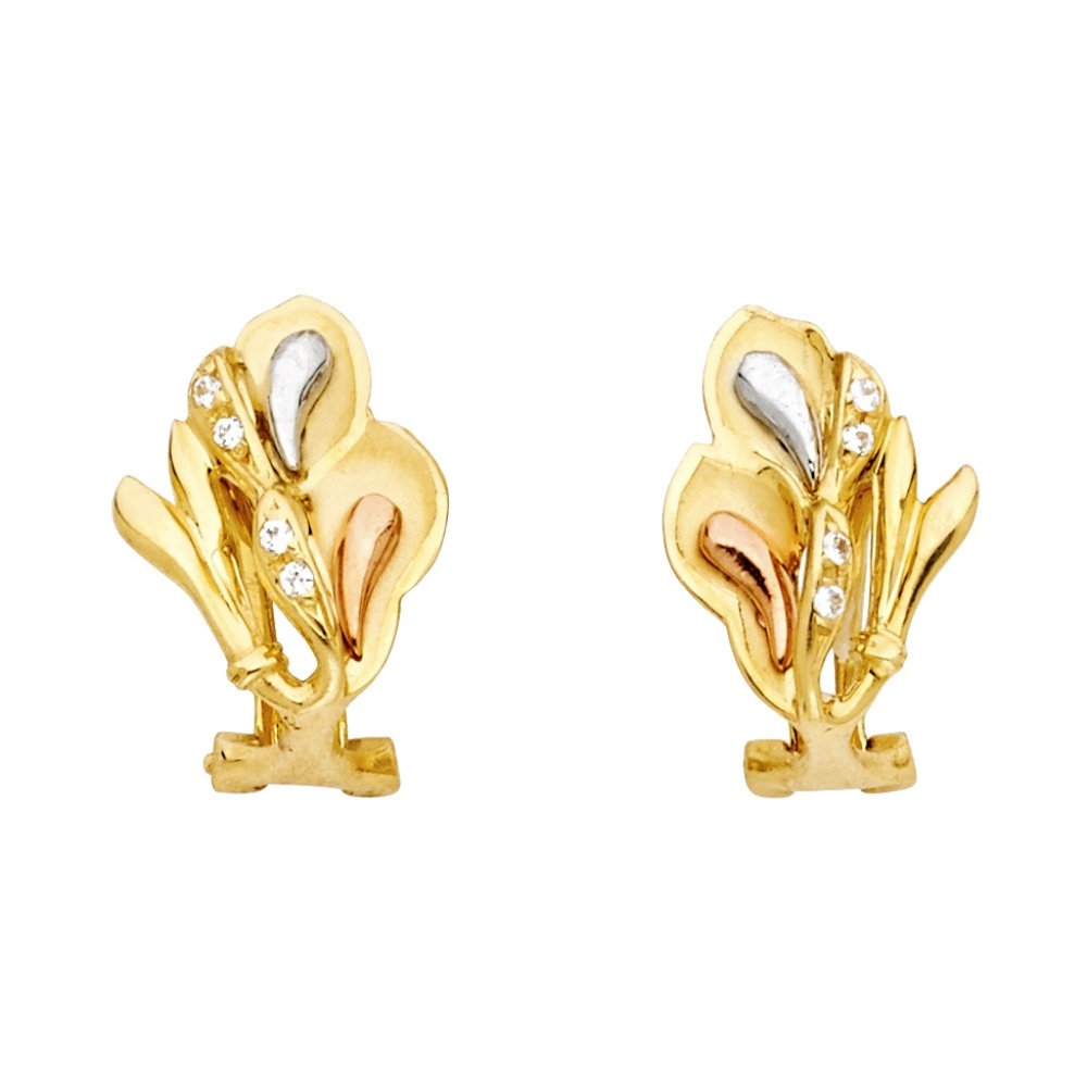 14K Tri Color Gold Flower Earrings W/Clip Lock